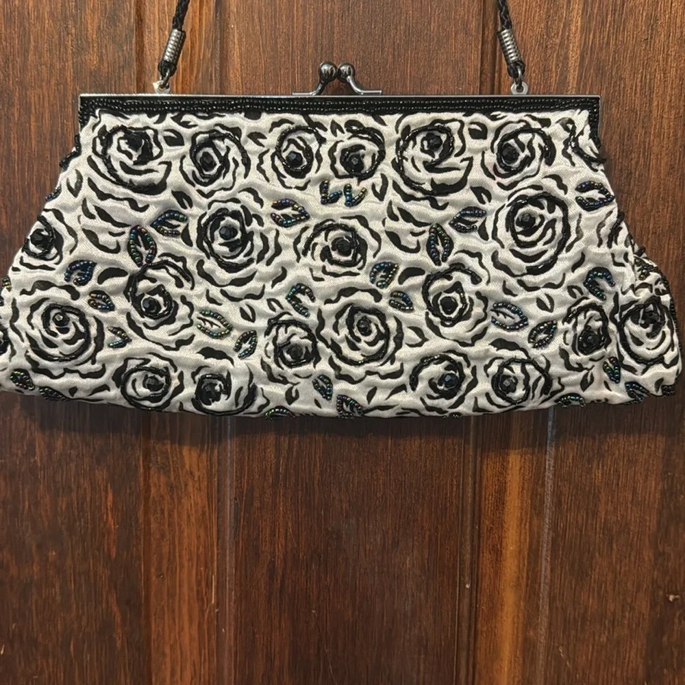 Lancôme Floral Wristlet Clutch White Satin Beaded Bag